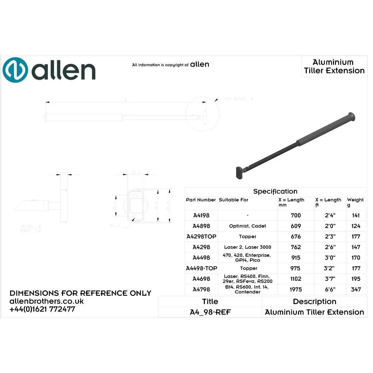 1067mm Allen Brothers Aluminium Tiller Extension