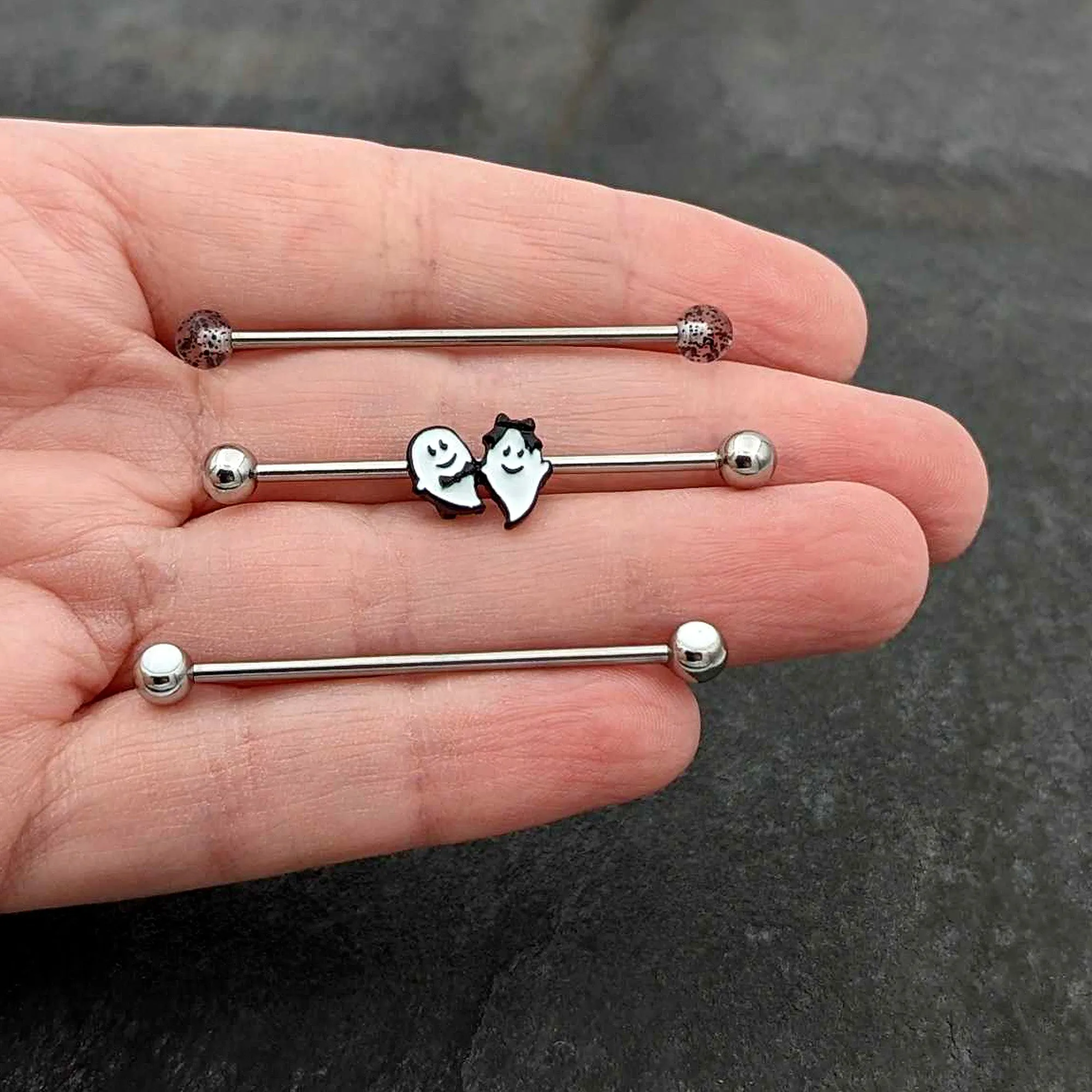 14 Gauge Black Tie Ghosts Glow in Dark Industrial Barbell 38mm Set of 3