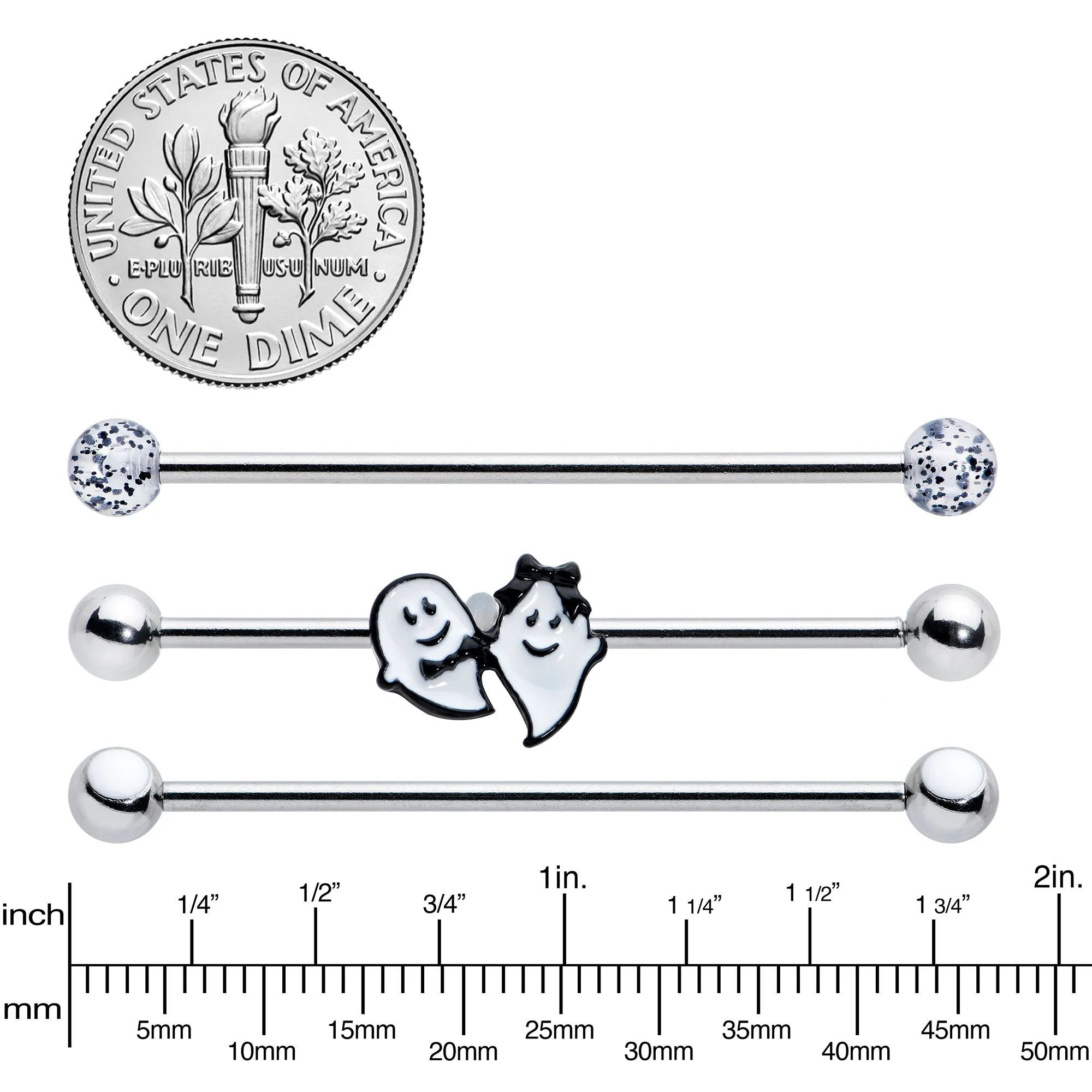 14 Gauge Black Tie Ghosts Glow in Dark Industrial Barbell 38mm Set of 3