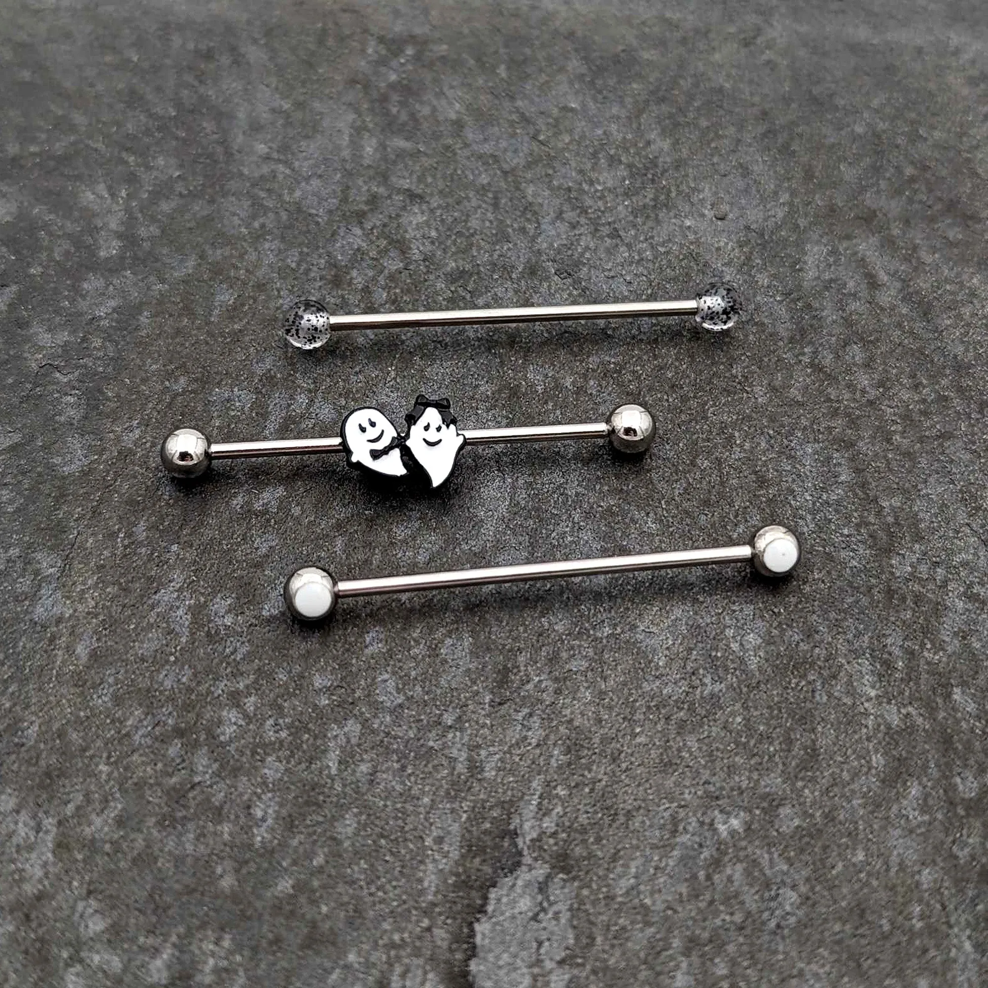 14 Gauge Black Tie Ghosts Glow in Dark Industrial Barbell 38mm Set of 3