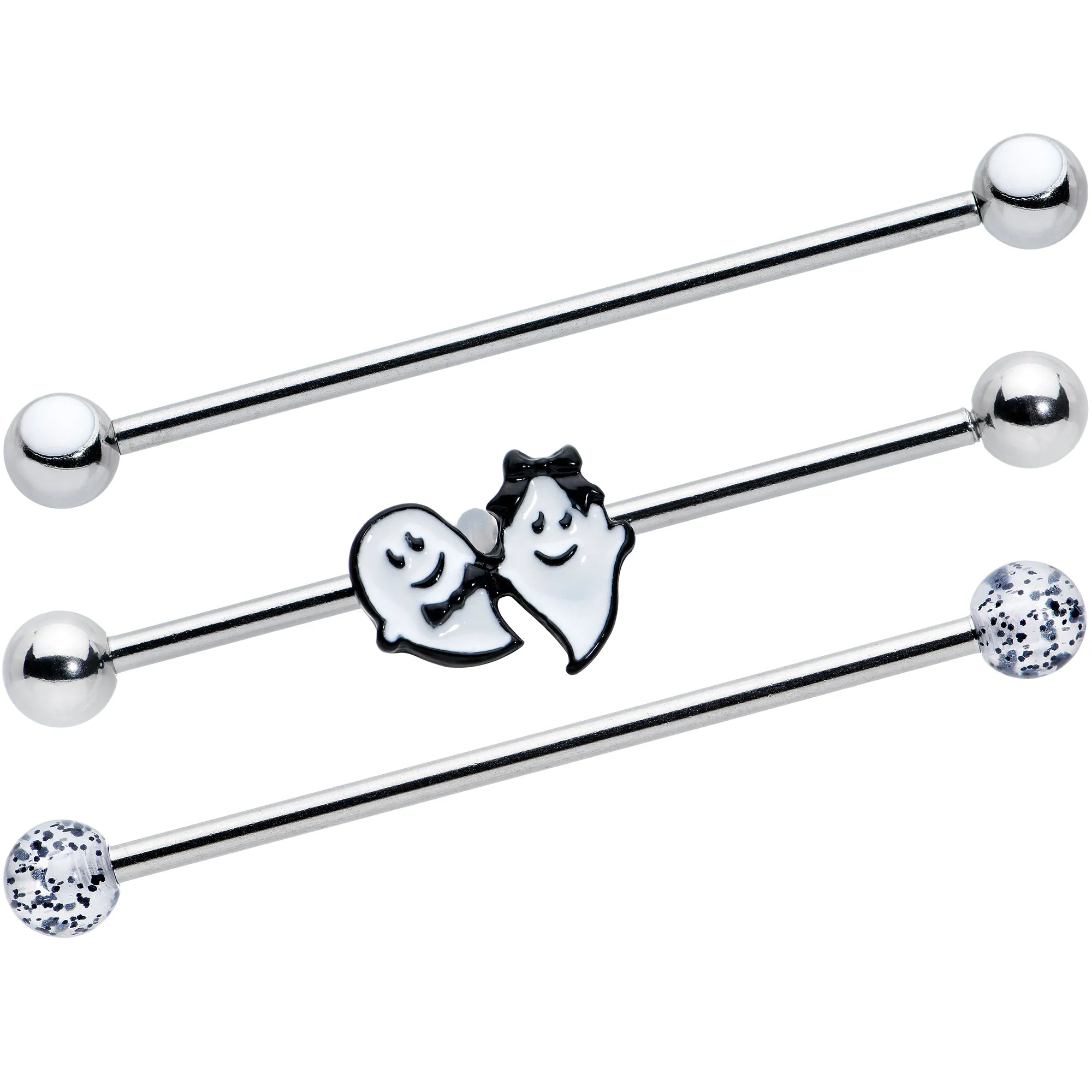 14 Gauge Black Tie Ghosts Glow in Dark Industrial Barbell 38mm Set of 3