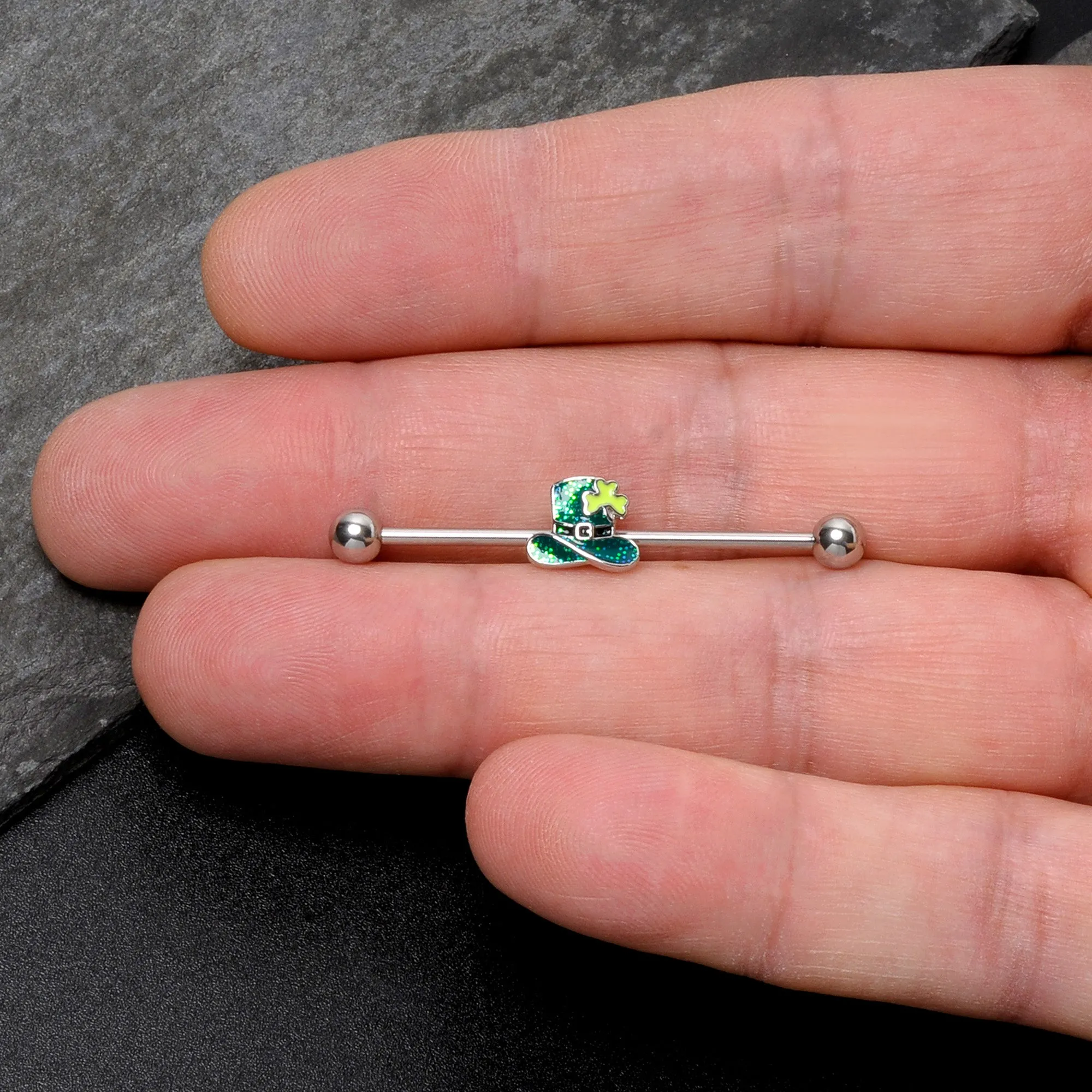 14 Gauge Glitter Top Hat Shamrock St Patricks Industrial Barbell 38mm