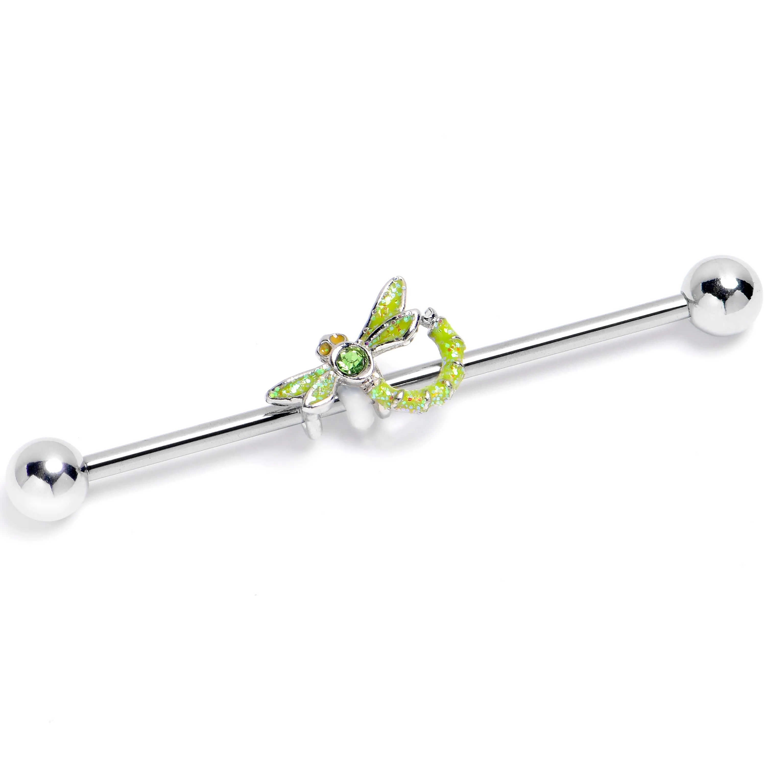 14 Gauge Green Gem Glitter Dragonfly Industrial Barbell 38mm