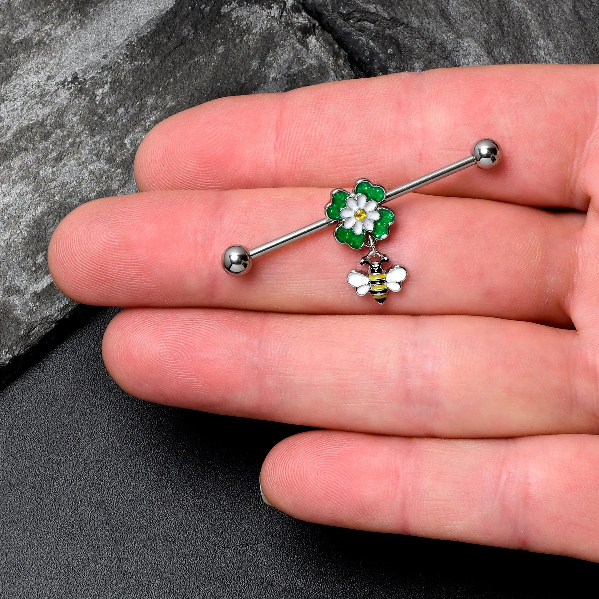 14 Gauge Yellow Gem Daisy Bee Glittery Dangle Industrial Barbell 38mm