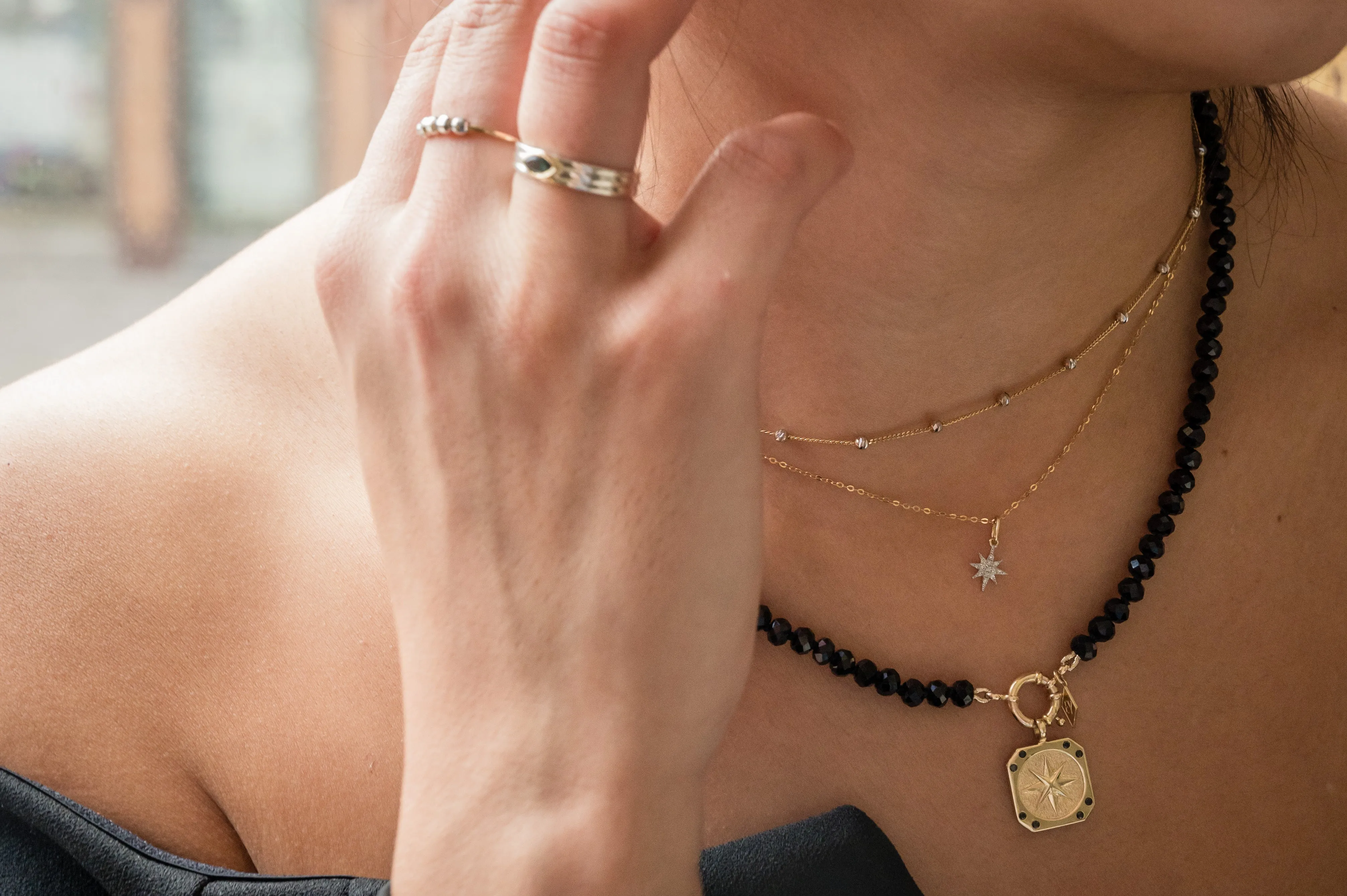 14K Black Diamond Compass Pendant Necklace