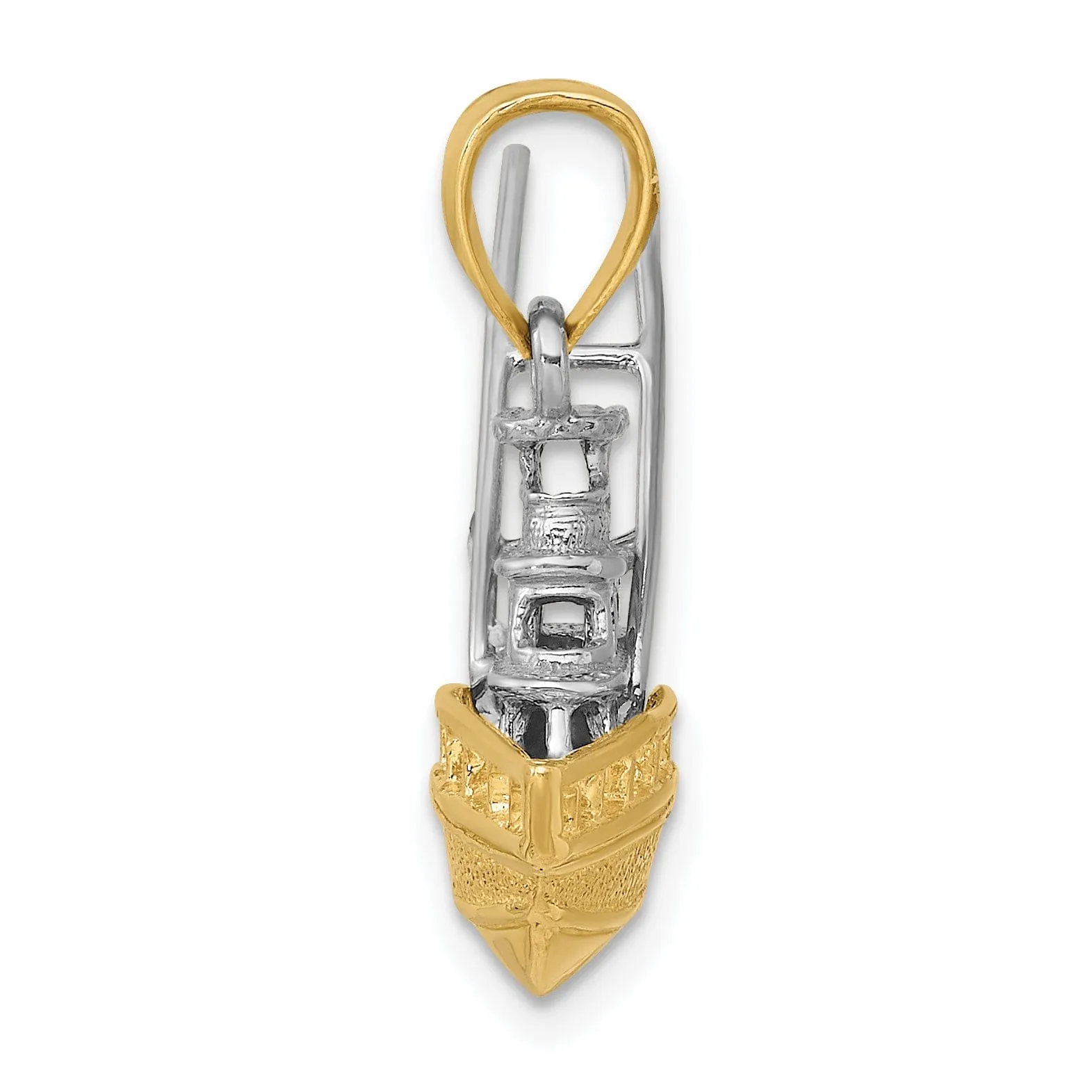 14k Two-Tone Gold Textured Polished Finish 3-Dimensional Offshore Sportfishing Boat Charm Pendant