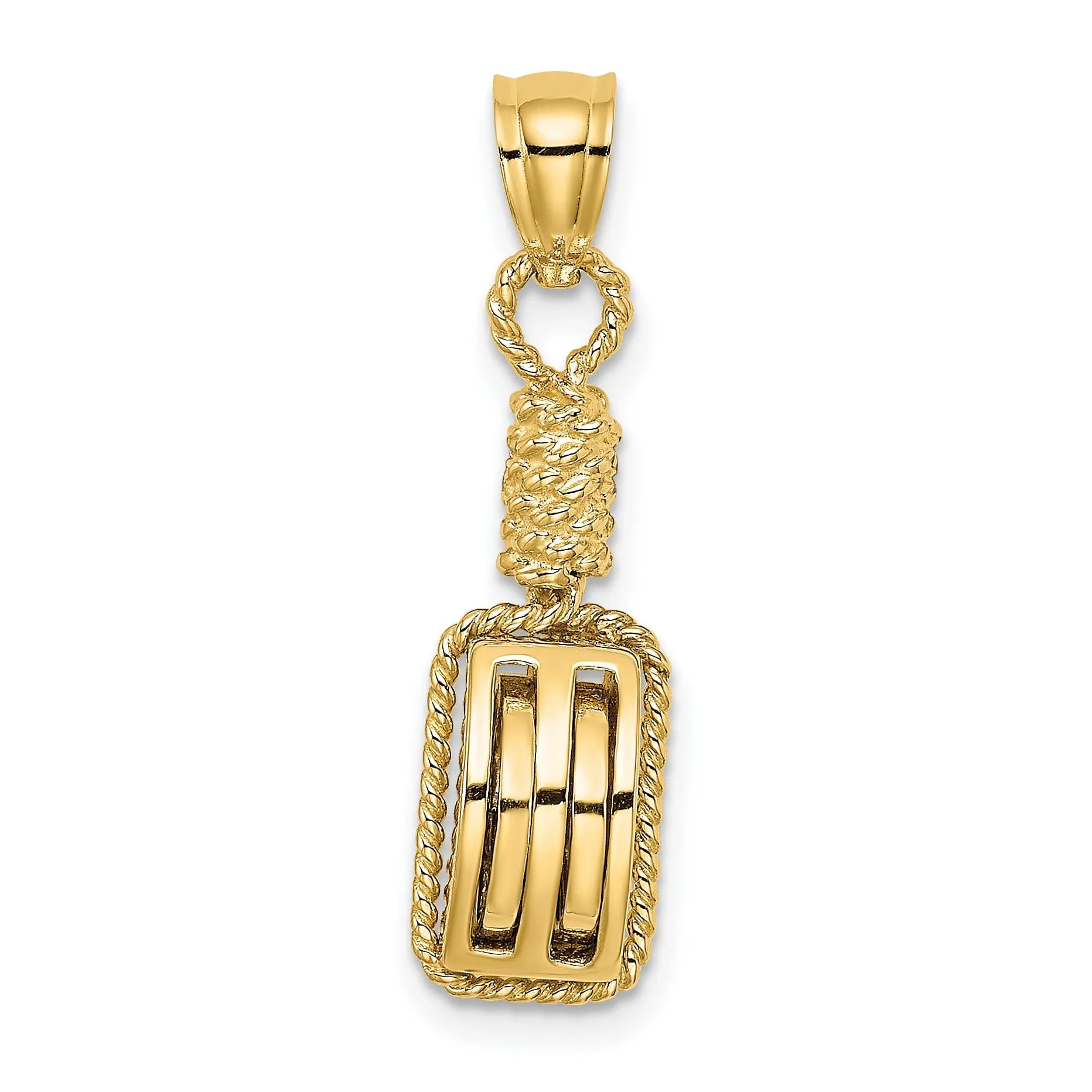 14K Yellow Gold 3-D Block Mariners Ship Pulley Charm Pendant