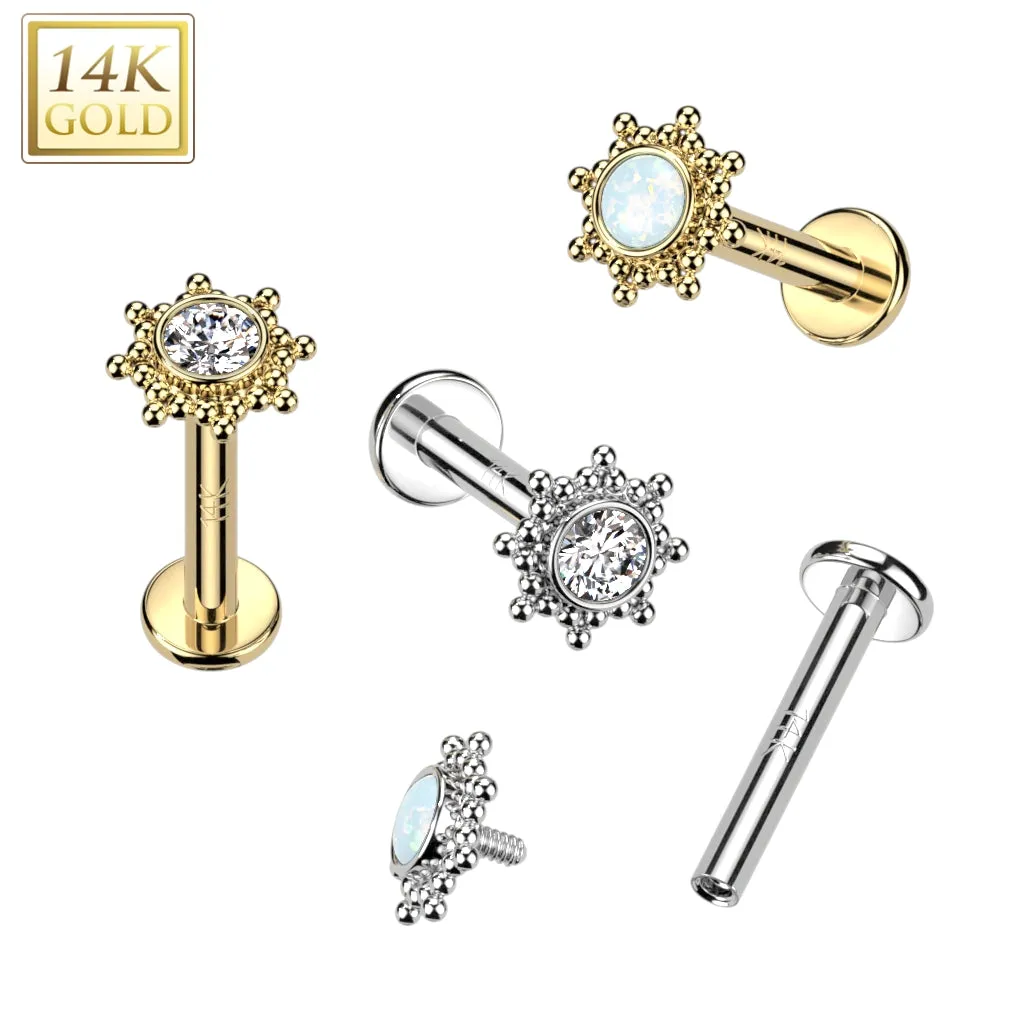 14KT Yellow Gold White Opal Beaded Internally Threaded Flat Back Labret