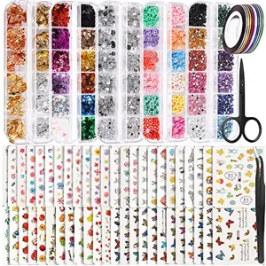 50 Sheets Nail Art Stickers, Teenitor Nail Art Decoration Kit with Nail Decals Crystal Rhinestones Holographic Glitter Sequins Nail Art Foils Nail Striping Tape Nail Fimo Slices