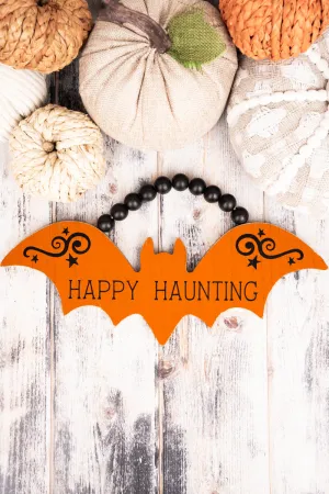 5.25 x 13.5 'Happy Haunting' Wood Beaded Bat Sign