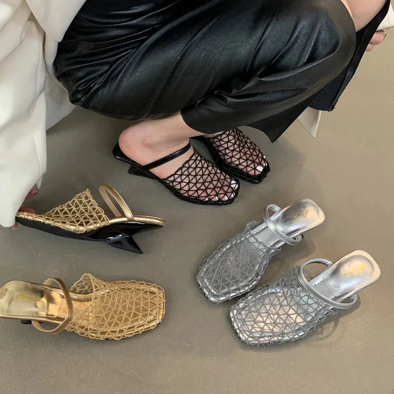 ADVBRIDGE  -  Silver High Heels 5cm Womens Mesh Low Heel Close Toe Slingback Shoes Summer Gold Slippers Wedges Ladies Shoes Chaussures Femmes