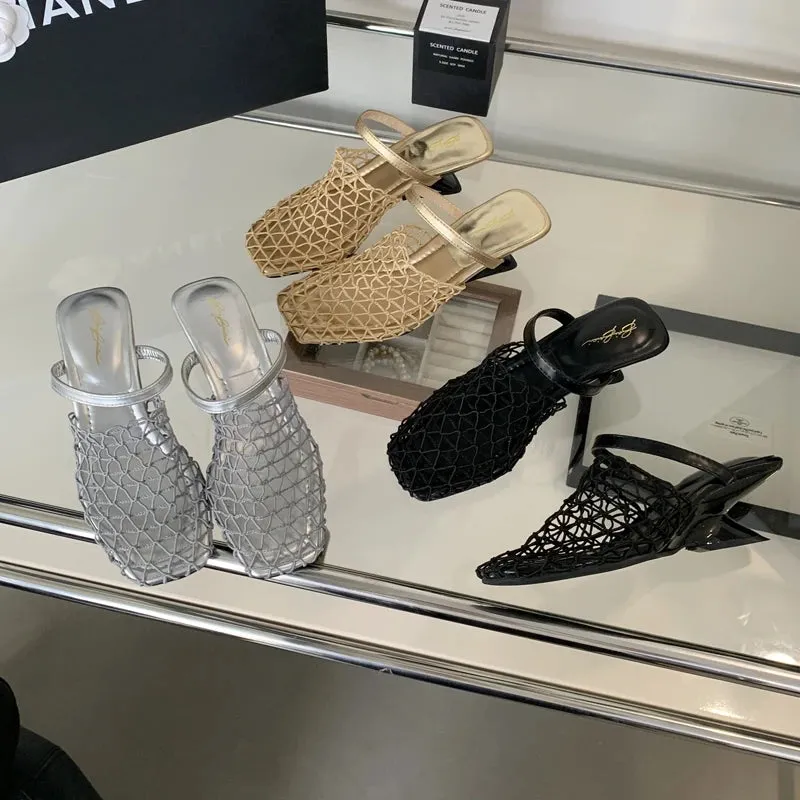 ADVBRIDGE  -  Silver High Heels 5cm Womens Mesh Low Heel Close Toe Slingback Shoes Summer Gold Slippers Wedges Ladies Shoes Chaussures Femmes