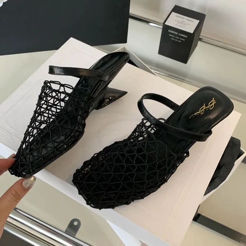 ADVBRIDGE  -  Silver High Heels 5cm Womens Mesh Low Heel Close Toe Slingback Shoes Summer Gold Slippers Wedges Ladies Shoes Chaussures Femmes