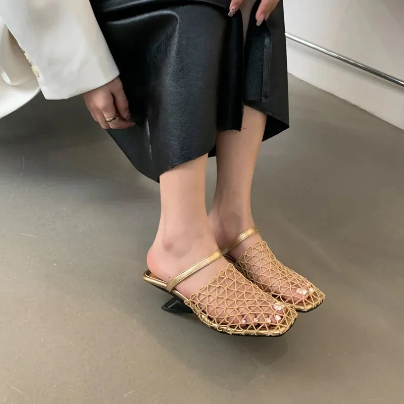 ADVBRIDGE  -  Silver High Heels 5cm Womens Mesh Low Heel Close Toe Slingback Shoes Summer Gold Slippers Wedges Ladies Shoes Chaussures Femmes