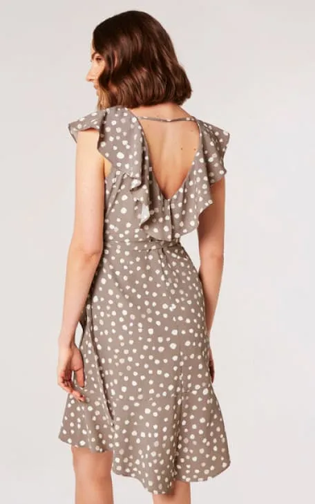 Apricot- Painterly Dot Ruffle Wrap Mini Dress