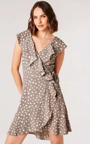 Apricot- Painterly Dot Ruffle Wrap Mini Dress