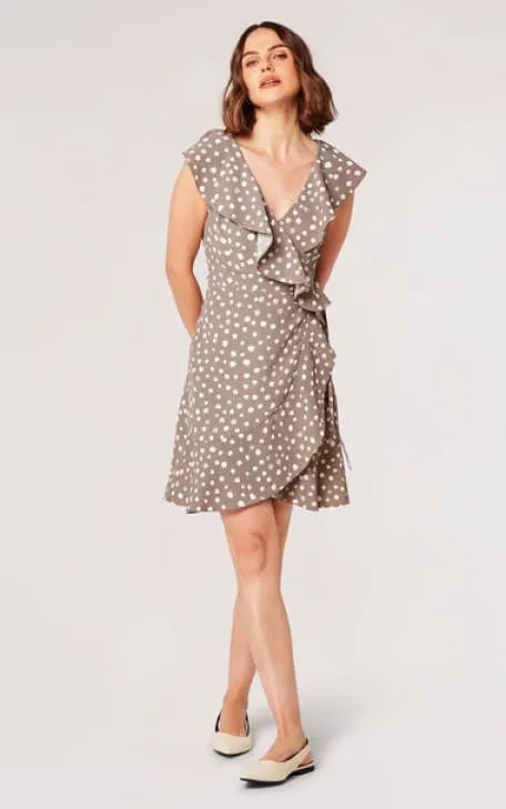 Apricot- Painterly Dot Ruffle Wrap Mini Dress