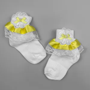 Baby Girl Fancy lace satin yellow bow white ankle socks.