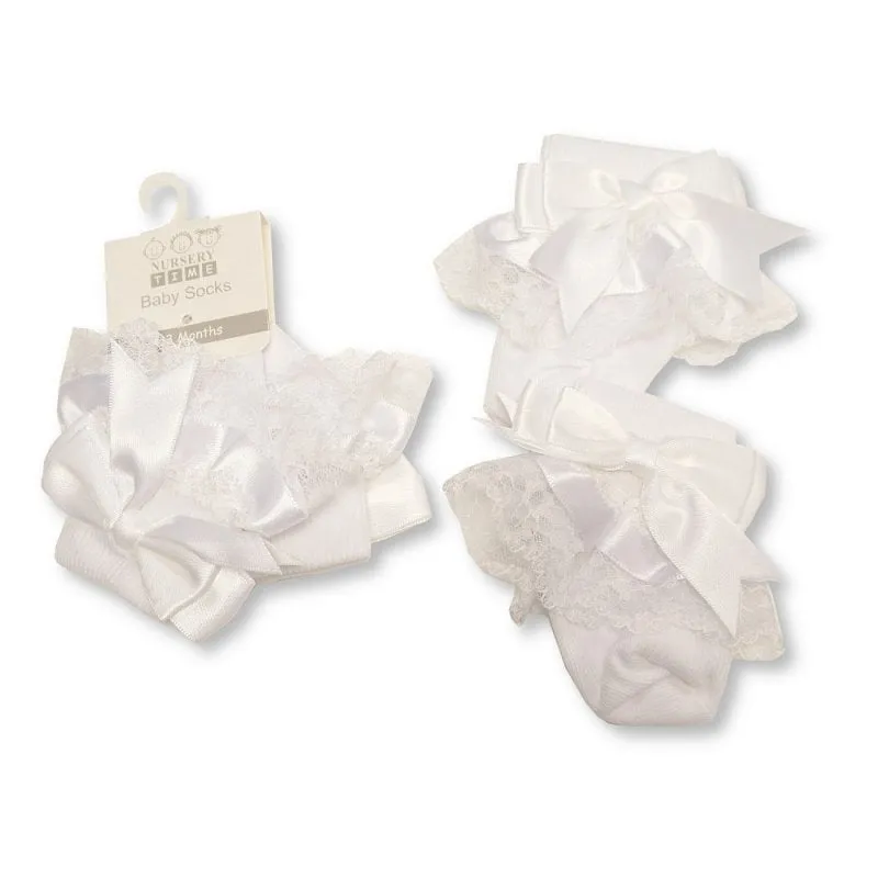 Baby Girls White Socks With White Ribbon Bow & White Lace