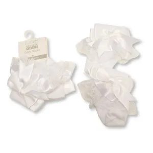 Baby Girls White Socks With White Ribbon Bow & White Lace