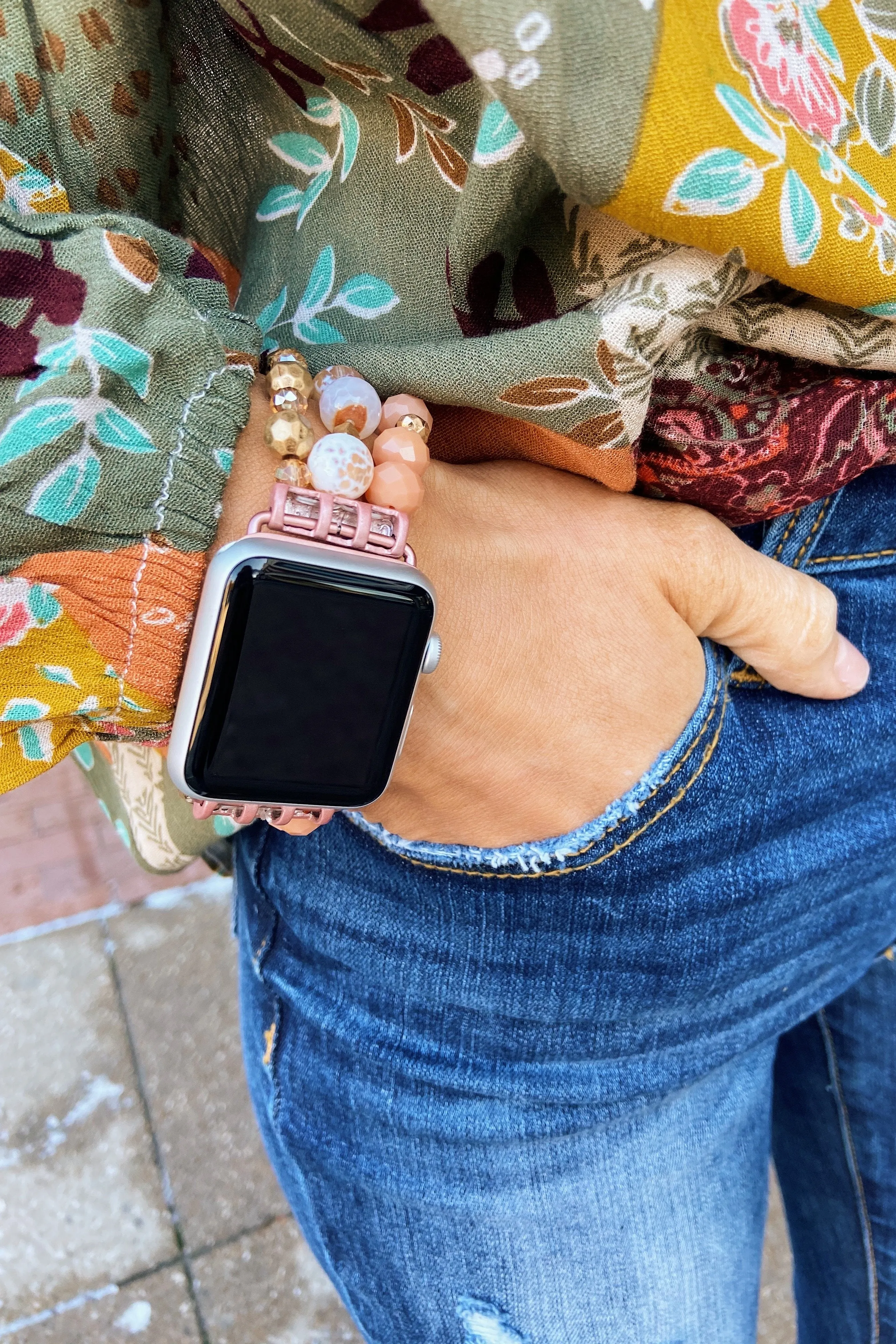Beaded Watch Band- Gold, Ivory, & Peach
