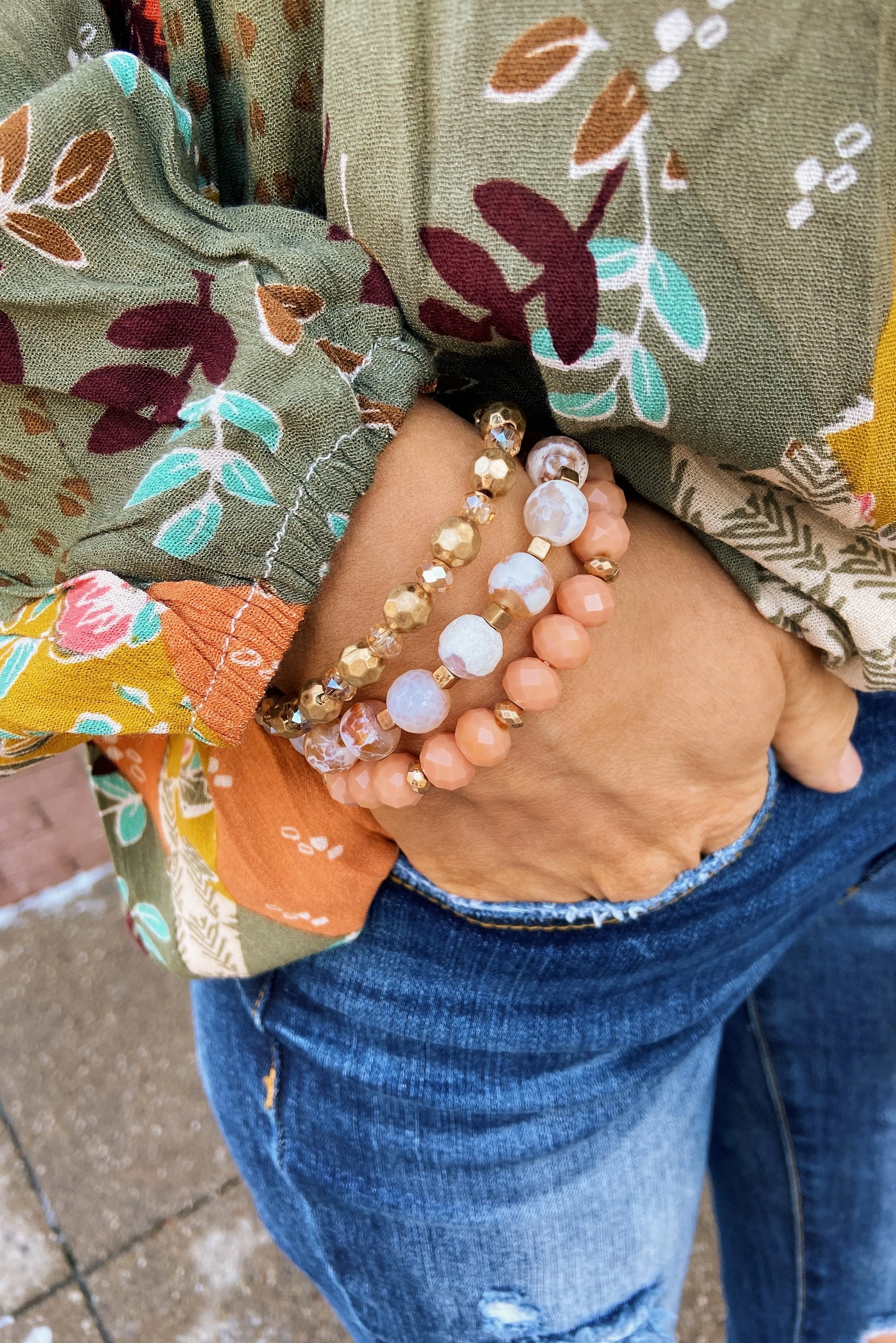 Beaded Watch Band- Gold, Ivory, & Peach