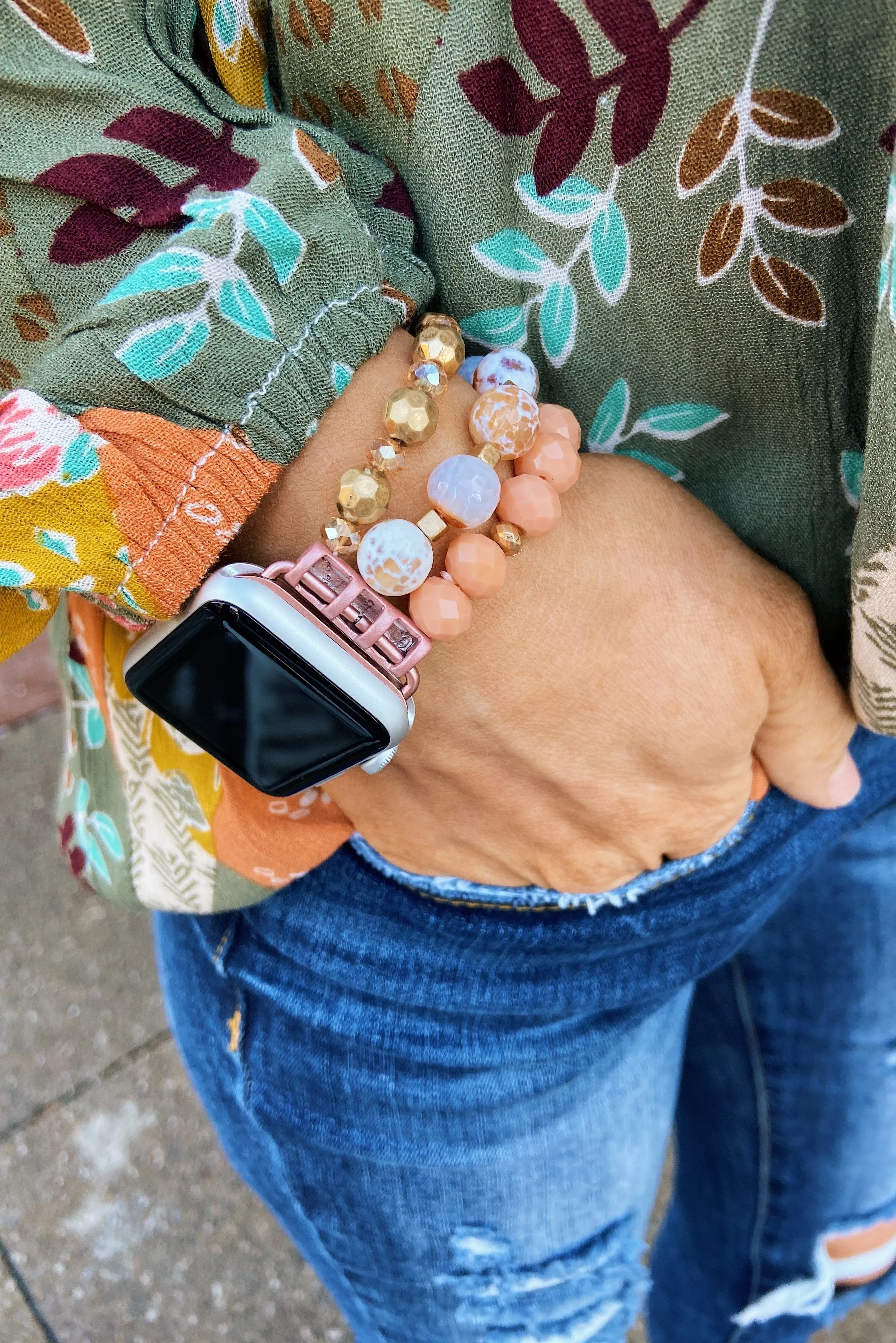 Beaded Watch Band- Gold, Ivory, & Peach