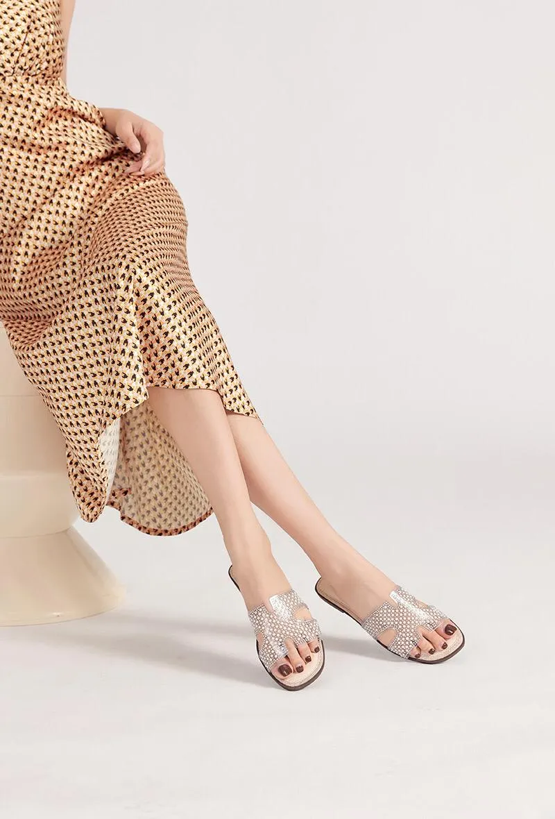 BEIGE FLAT CLEAR STRAP BEADED DECOR SLIDER SANDALS MULES