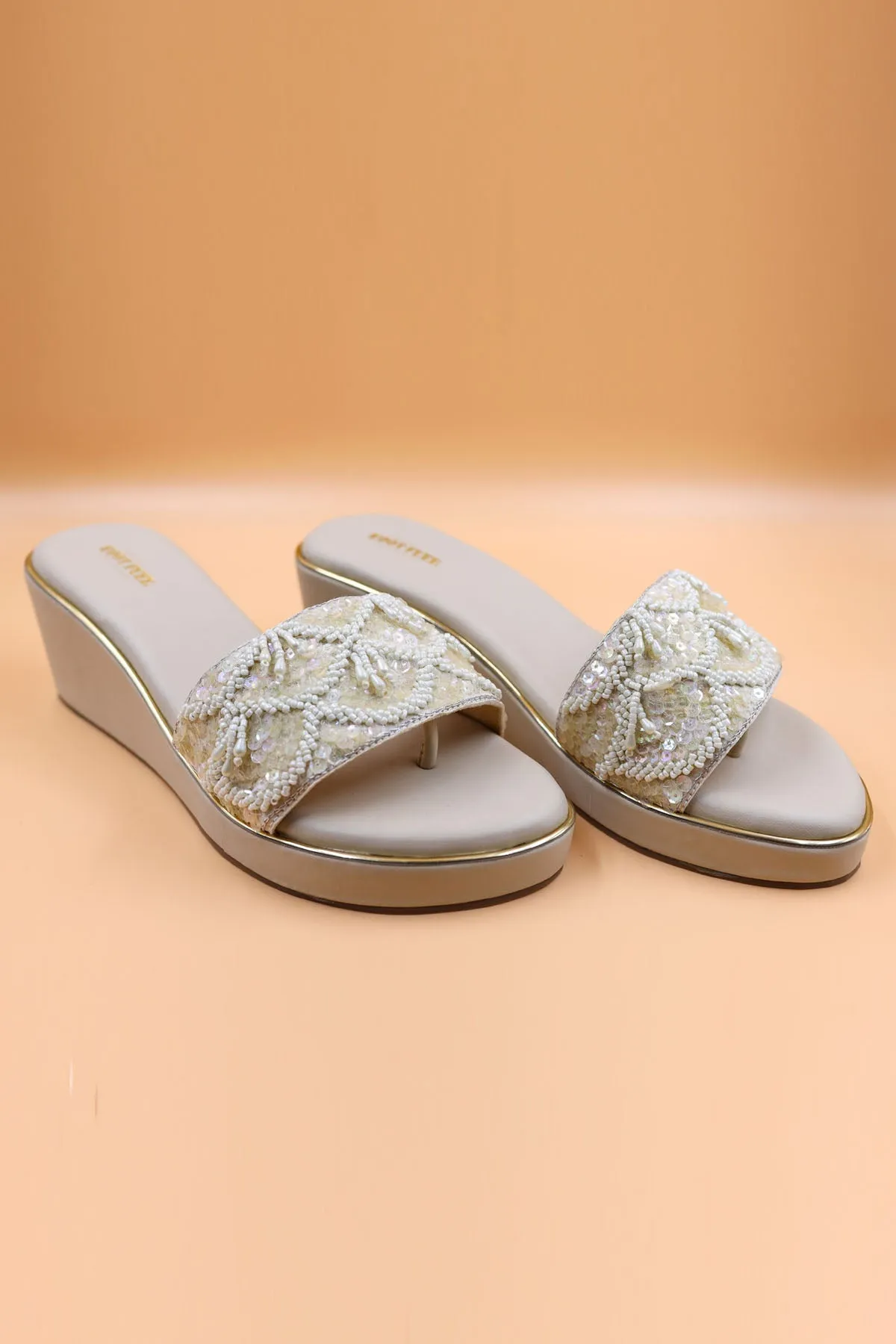 Beige Sequins Embellished Wedges