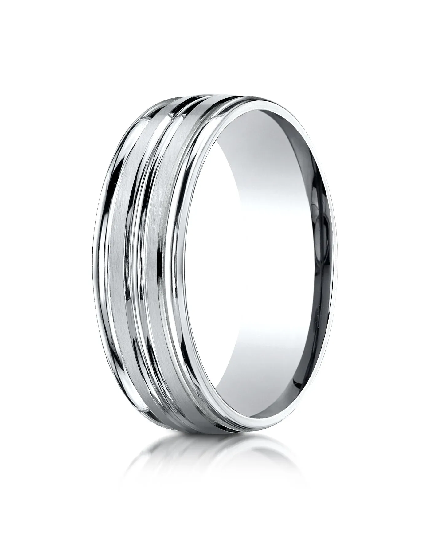 Benchmark 10k White Gold 7mm Comfort-Fit Satin-Finish and Round Edge Carved Design Band, (Sizes 4-15)