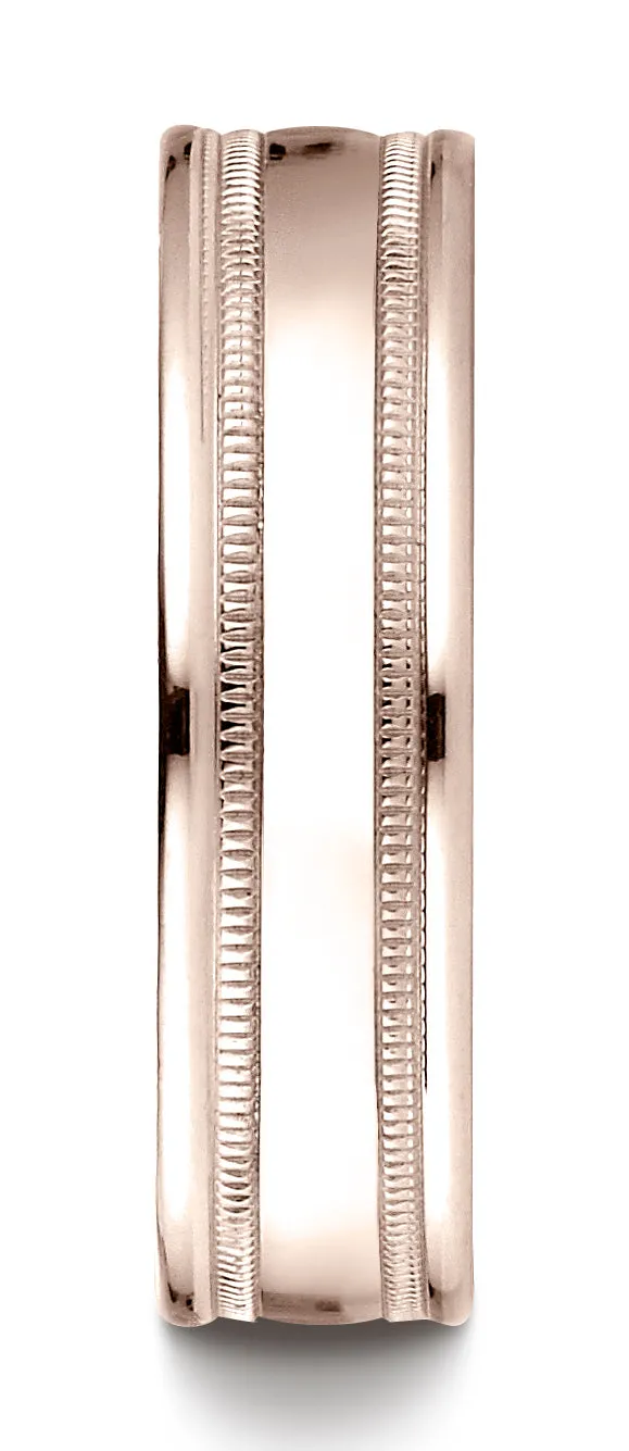 Benchmark 14K Rose Gold 6mm Comfort-Fit High Polished w/  Milgrain Round Edge Carved Design Wedding Band