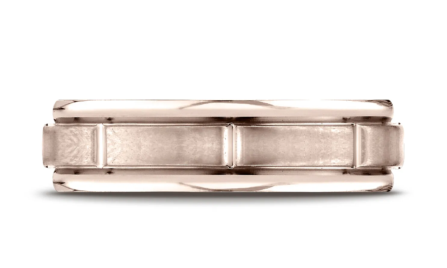 Benchmark 14K Rose Gold 6mm Comfort-Fit Satin-Finish 8 Center Cuts and Round Edge Carved Design Ring