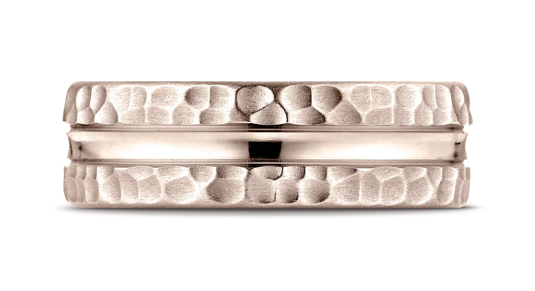 Benchmark 14K Rose Gold 7.5mm Comfort-Fit Hammered Finish Center Cut Design Wedding Band Ring