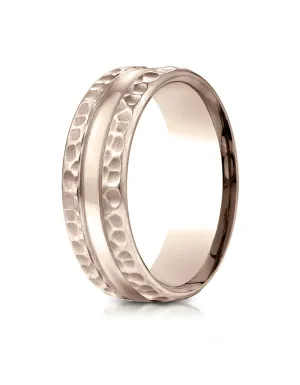 Benchmark 14K Rose Gold 7.5mm Comfort-Fit Hammered Finish Center Cut Design Wedding Band Ring