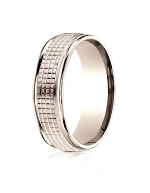 Benchmark 14k Rose Gold 7mm Comfort-Fit High Polish Round Edge Cross Hatch Center Design Band, (4-15)