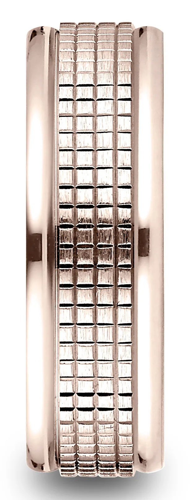 Benchmark 14k Rose Gold 7mm Comfort-Fit High Polish Round Edge Cross Hatch Center Design Band, (4-15)