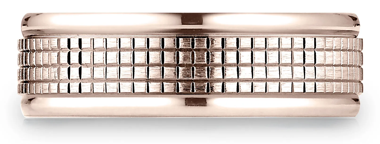 Benchmark 14k Rose Gold 7mm Comfort-Fit High Polish Round Edge Cross Hatch Center Design Band, (4-15)