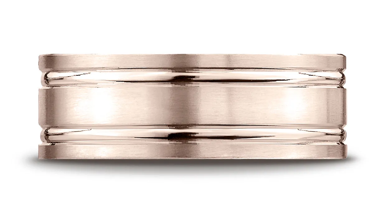 Benchmark 14K Rose Gold 8mm Comfort-Fit Satin-Finished with Parallel Grooves Carved Design Wedding Band