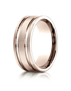 Benchmark 14K Rose Gold 8mm Comfort-Fit Satin-Finished with Parallel Grooves Carved Design Wedding Band