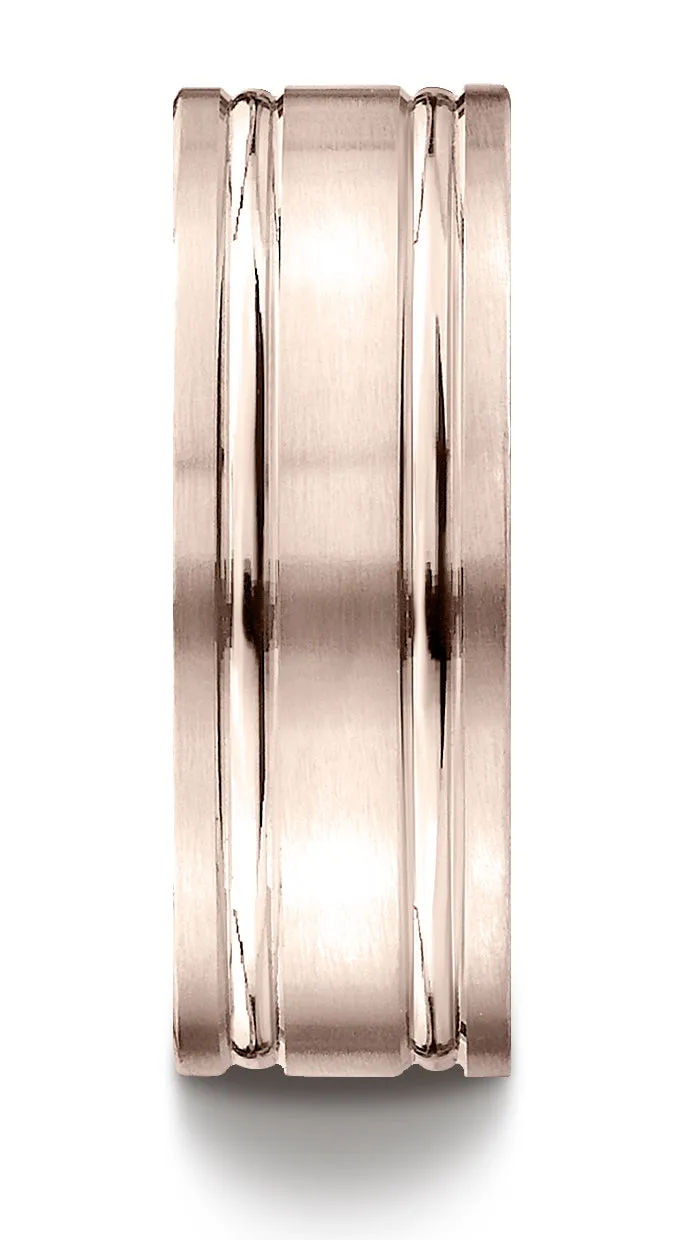 Benchmark 14K Rose Gold 8mm Comfort-Fit Satin-Finished with Parallel Grooves Carved Design Wedding Band