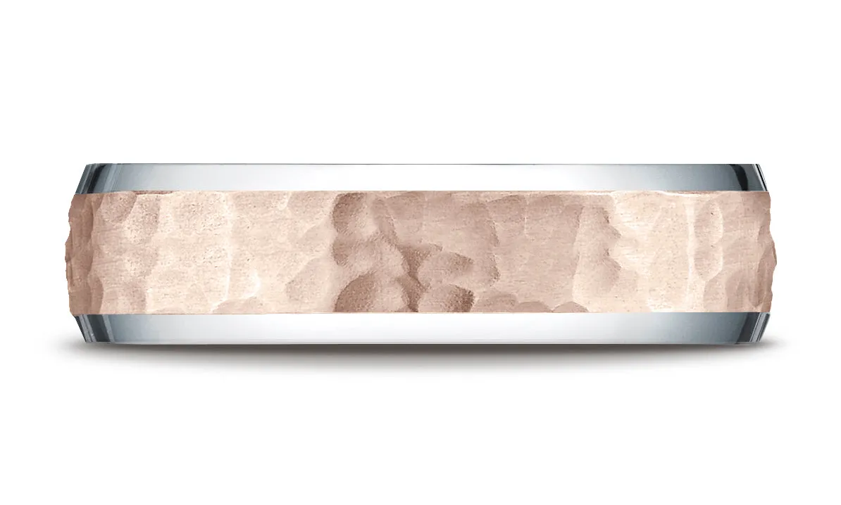 Benchmark 14k Two-Toned Gold 6mm Comfort-Fit Hammer Finish Beveled Edge Design Band, (Sizes 6-13)