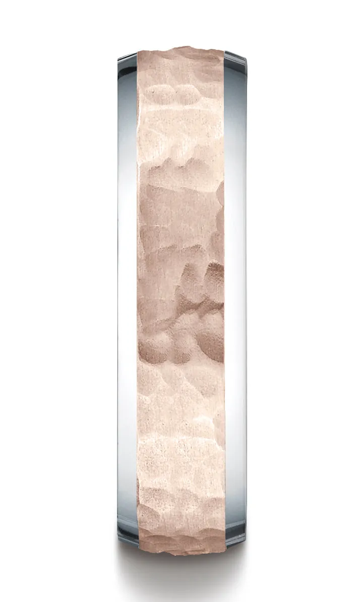 Benchmark 14k Two-Toned Gold 6mm Comfort-Fit Hammer Finish Beveled Edge Design Band, (Sizes 6-13)