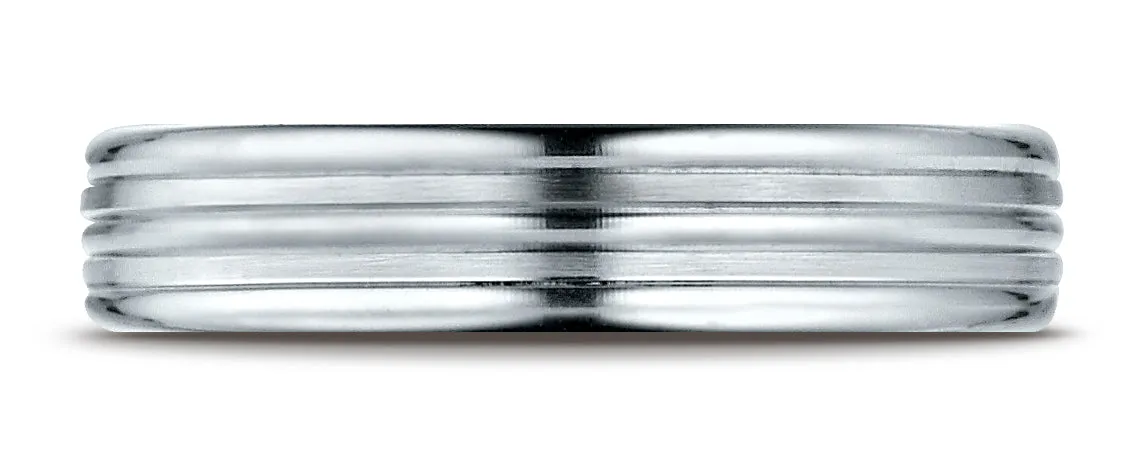 Benchmark 14K White Gold 4mm Comfort-Fit with High Polish Center Trim and Round Edge Carved Design Ring