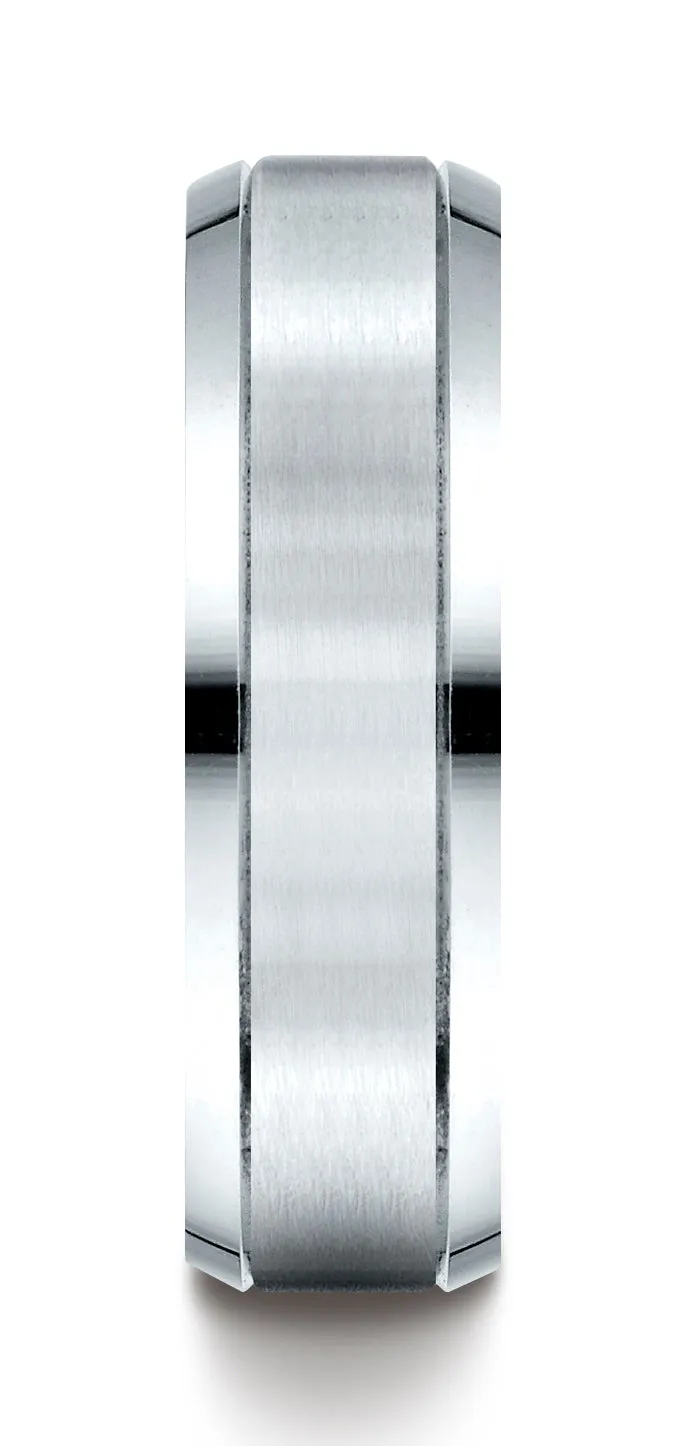 Benchmark 14K White Gold 6mm Comfort-Fit Satin-Finished High Polished Beveled Edge Carved Design Ring