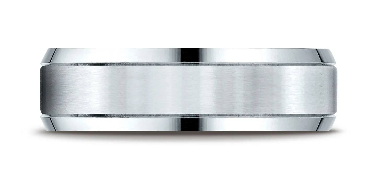 Benchmark 14K White Gold 6mm Comfort-Fit Satin-Finished High Polished Beveled Edge Carved Design Ring