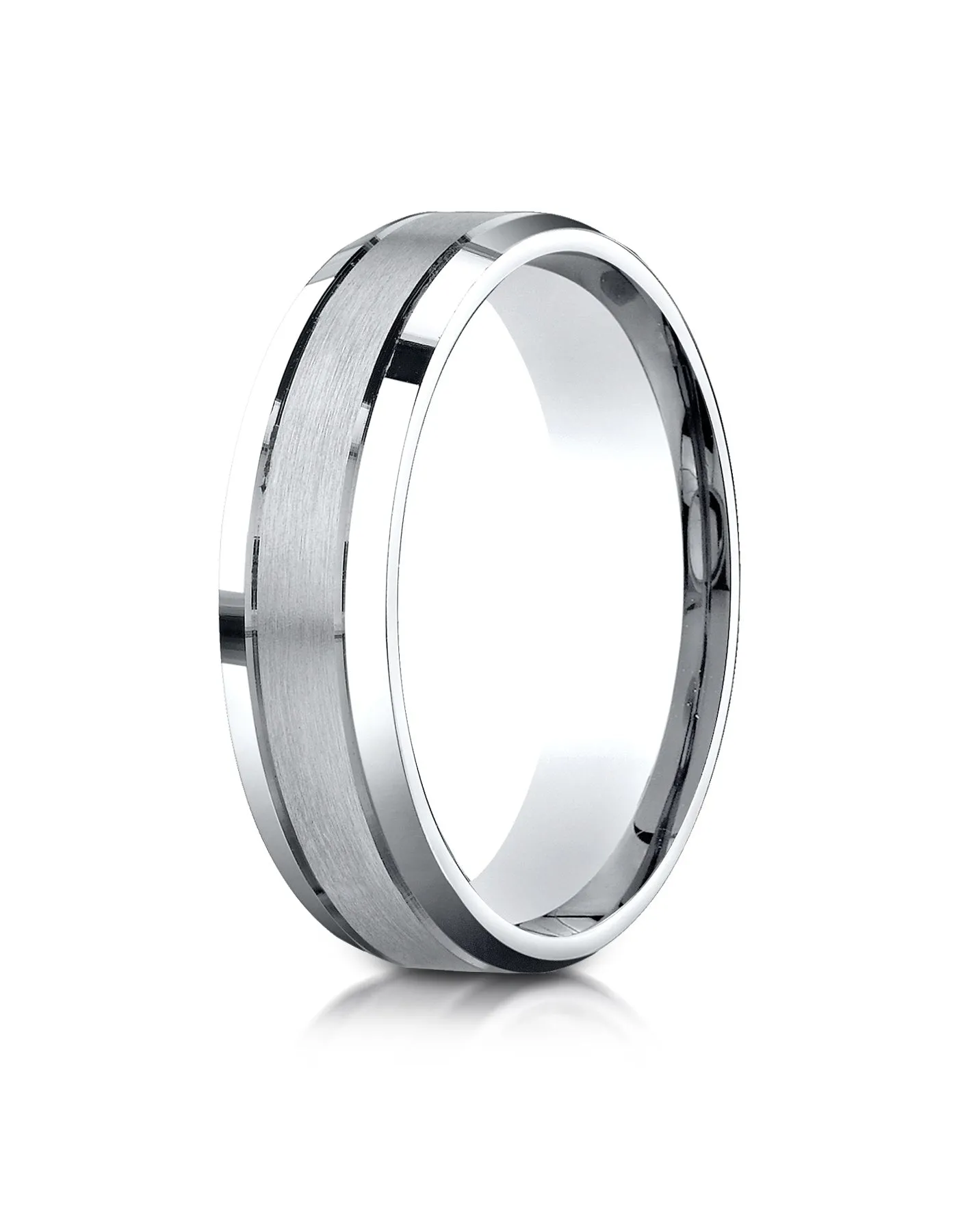 Benchmark 14K White Gold 6mm Comfort-Fit Satin-Finished High Polished Beveled Edge Carved Design Ring