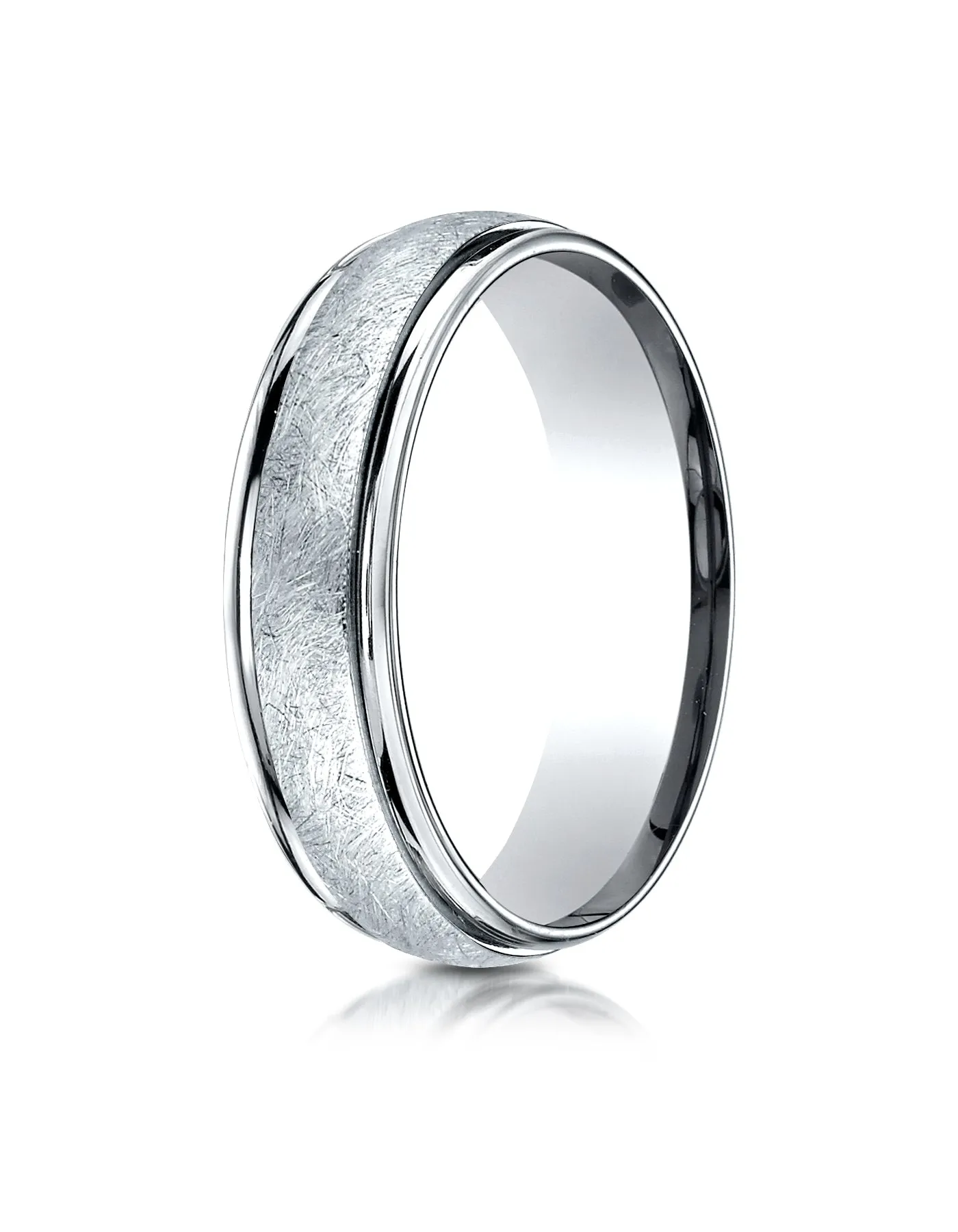 Benchmark 14K White Gold 6mm Comfort-Fit Swirl-Finished Carved Design Wedding Band Ring