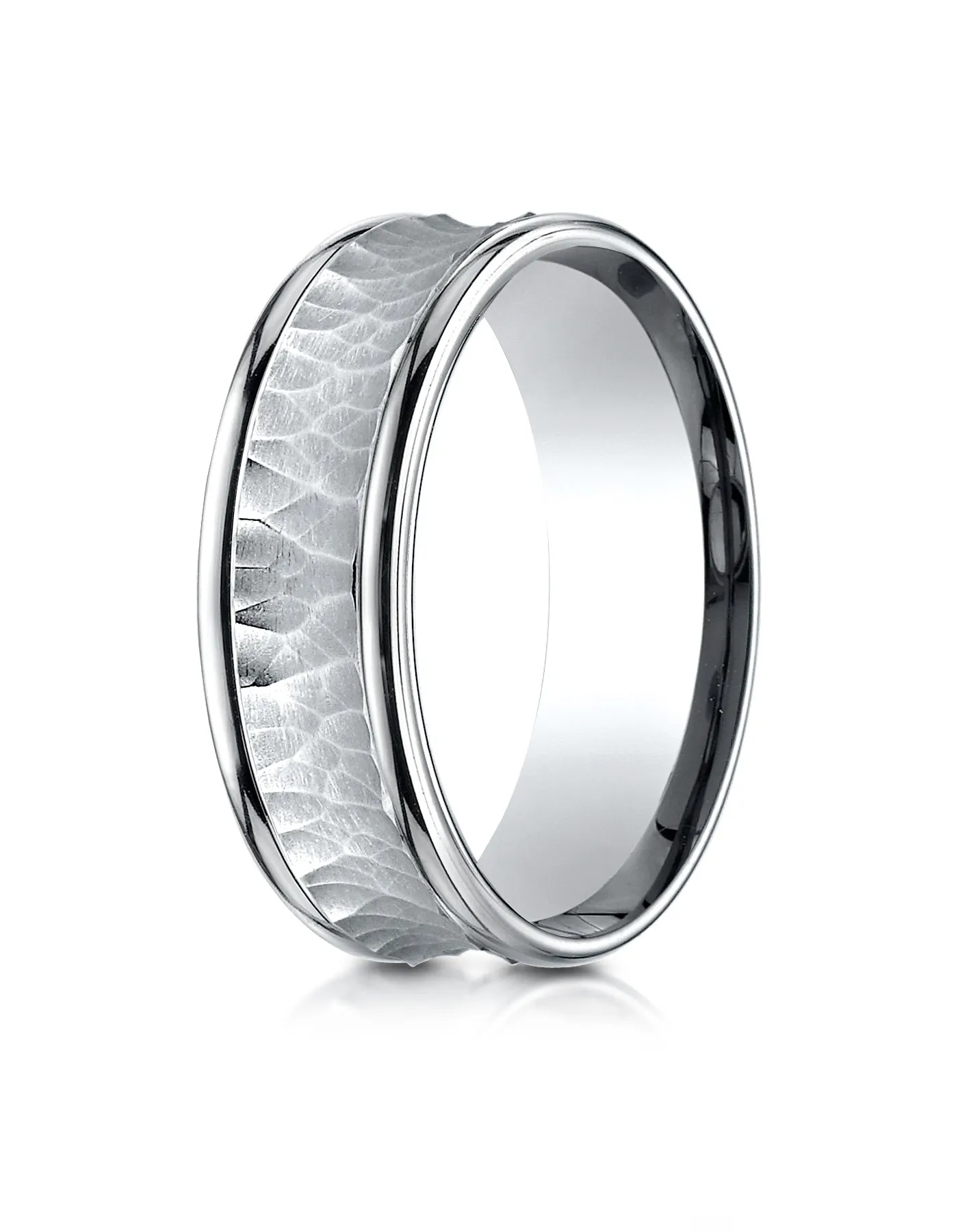 Benchmark 14K White Gold 7.5mm Comfort-Fit Hammered Finish Concave Center Design Wedding Band Ring