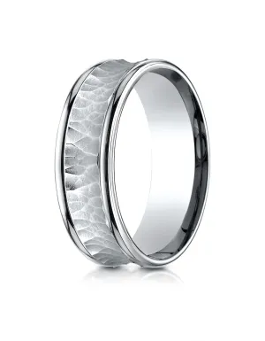 Benchmark 14K White Gold 7.5mm Comfort-Fit Hammered Finish Concave Center Design Wedding Band Ring