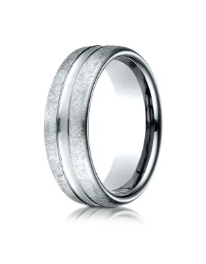 Benchmark 14K White Gold 7.5mm Comfort-Fit Swirled Finish Center Convex Cut Design Wedding Band Ring